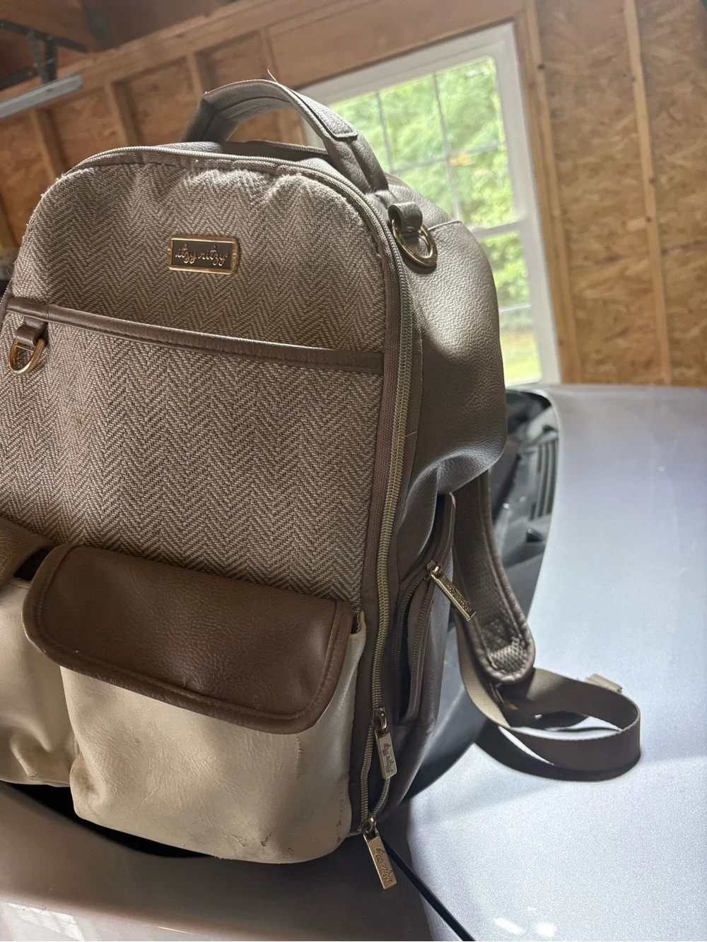 Itzy Ritzy Boss Diaper Bag Brown and Cream Herringbone